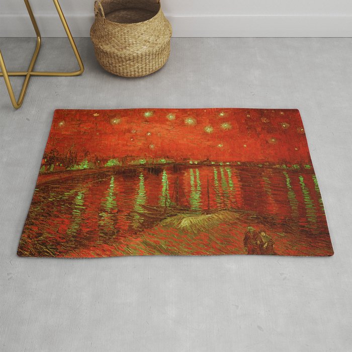 Starry Night Over the Rhone landscape painting by Vincent van Gogh in alternate tangerine orange with yellow gold stars Rug