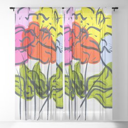 Big Colorful Summer Flowers On White Retro Modern Sheer Curtain