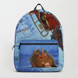 Santa flying over the snowy countryside on Christmas Eve Backpack