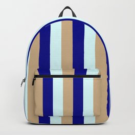 [ Thumbnail: Tan, Dark Blue & Light Cyan Colored Lines Pattern Backpack ]