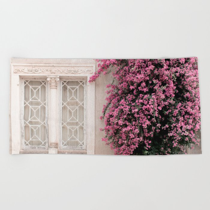 Pretty Window - Bougainvillea Flowers - Minimalist Portugal Travel Photography By Ingrid Beddoes Beach Towel