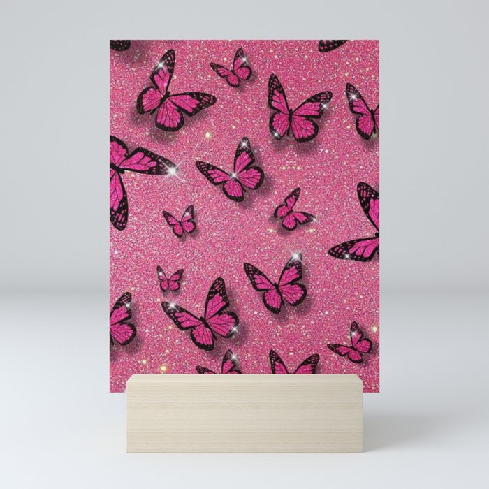 Cute Pink Butterfly on Glitter Aesthetic Background Mini Art Print