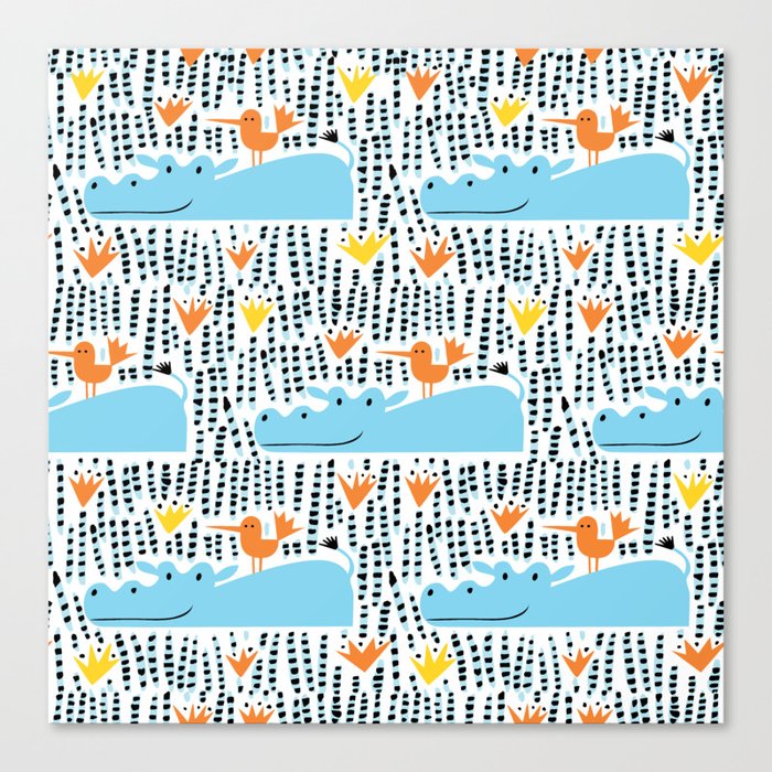 Hippos and birds in the lake seamless pattern vintage design Canvas Print