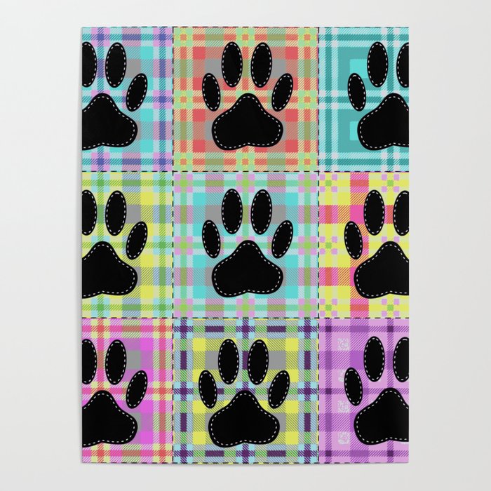 Colorful Quilt Dog Paw Print Drawing Poster