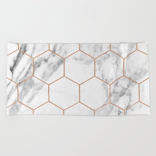 Rose gold marble hexagons honeycomb pattern Beach Towel