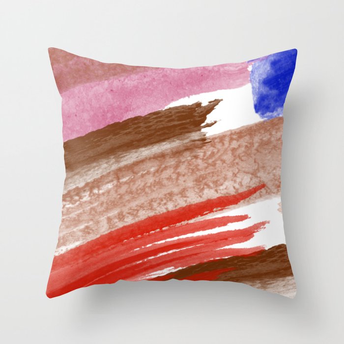 Watercolor stripes 2 - brown, red, pink and blue Throw Pillow
