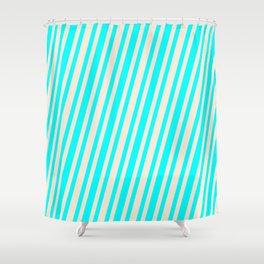 [ Thumbnail: Aqua and Beige Colored Lined/Striped Pattern Shower Curtain ]