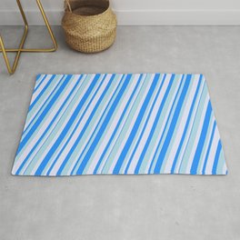 [ Thumbnail: Blue, Light Blue & Lavender Colored Lined/Striped Pattern Rug ]