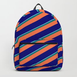 [ Thumbnail: Light Sky Blue, Teal, Coral, and Blue Colored Stripes Pattern Backpack ]