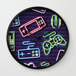 Neon Video Game Accessories Pattern Wall Clock