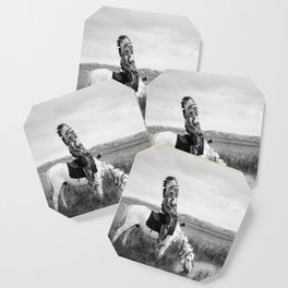 Red Hawk, Oglala Indian Chief on a horse at a pool of water on the plains black and white American Old West photograph Coaster