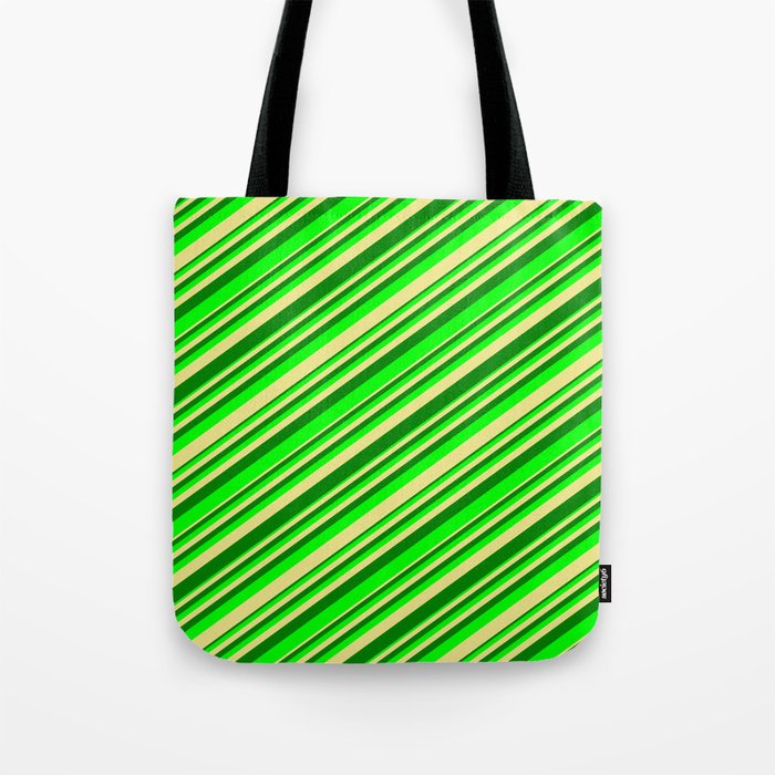 Tan, Green & Lime Colored Stripes/Lines Pattern Tote Bag