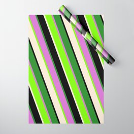 [ Thumbnail: Colorful Green, Beige, Black, Forest Green, and Orchid Colored Stripes/Lines Pattern Wrapping Paper ]