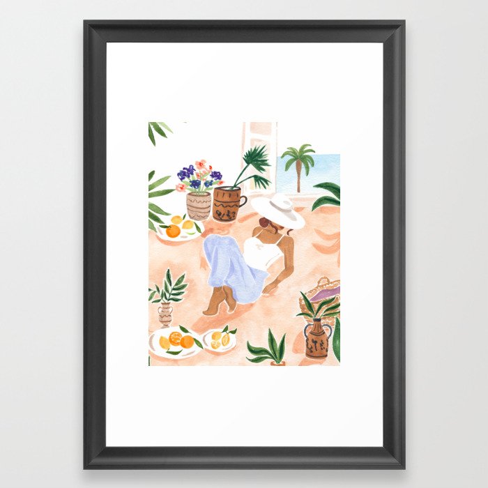 Woman Sitting by the Window Art Print - Sabina Fenn Illustration - Feminine Gouache Tropical Portrai Framed Art Print