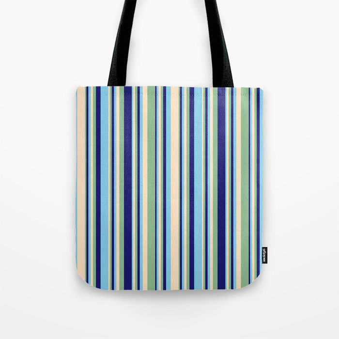 Bisque, Dark Sea Green, Midnight Blue, and Sky Blue Colored Stripes Pattern Tote Bag