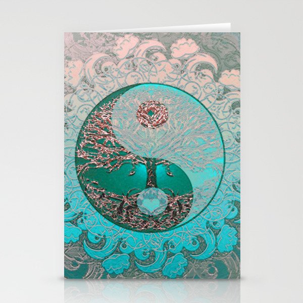 Pretty Chic Teal Tree of Life with Yin Yang and Heart Stationery Cards