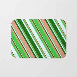 [ Thumbnail: Dark Salmon, Lime Green, Light Cyan, and Dark Green Colored Stripes/Lines Pattern Bath Mat ]