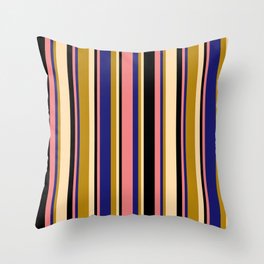 [ Thumbnail: Light Coral, Midnight Blue, Dark Goldenrod, Tan & Black Colored Lined Pattern Throw Pillow ]