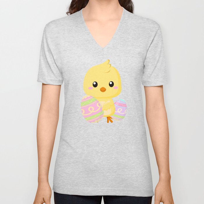 Cute little easter chick with Easter Eggs V Neck T Shirt