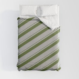 [ Thumbnail: Dark Olive Green & Grey Colored Striped/Lined Pattern Duvet Cover ]