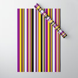 [ Thumbnail: Yellow, Purple, Lavender & Black Colored Striped/Lined Pattern Wrapping Paper ]