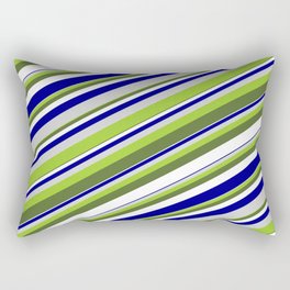 [ Thumbnail: Vibrant Green, Dark Olive Green, White, Dark Blue & Light Grey Colored Lines/Stripes Pattern Rectangular Pillow ]