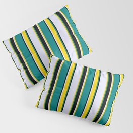 [ Thumbnail: Teal, Yellow, Lavender & Black Colored Striped Pattern Pillow Sham ]