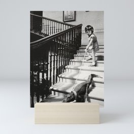 Little Girl with Pet Alligator on a leash black and white photograph / black and white photography Mini Art Print