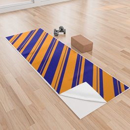 [ Thumbnail: Dark Orange & Blue Colored Lined/Striped Pattern Yoga Towel ]