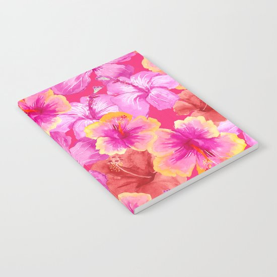 Tropical hibiscus flowers flower floral pattern on pink Notebook