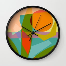 Shapes and Layers no.6 - Tropical Sunset Wall Clock | Maroon, Painting, Geometric, Curated, Pop Art, Tropical, Pink, Sun, Shapes, Orange 