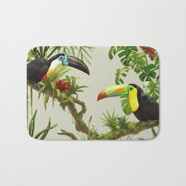 Toucans and Bromeliads (Canvas Background) Bath Mat | Tucan, Lush, Digital, Jungle, Tropical, Vintage, Animal, Tucano, Nature, Illustration 