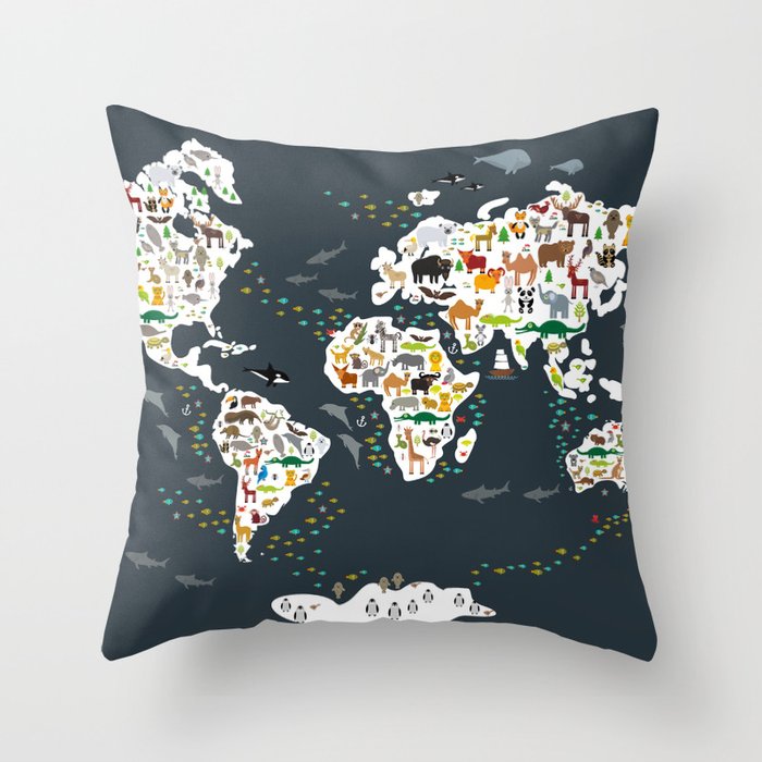 Cartoon animal world map for children, kids, Animals from all over the world, back to school, gray Throw Pillow