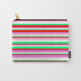[ Thumbnail: Colorful Green, Red, Orchid, Pink, and White Colored Pattern of Stripes Carry-All Pouch ]