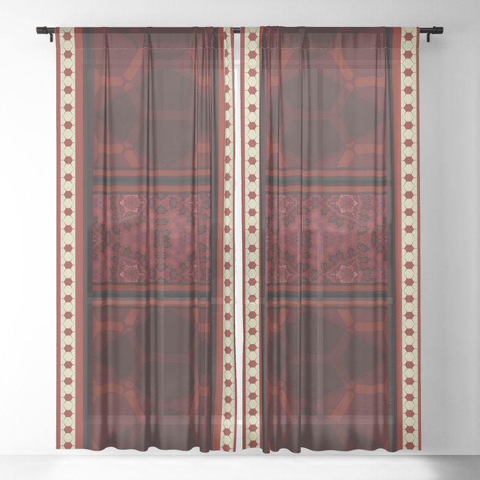 Multi Red Cream Geo Pattern Sheer Curtain