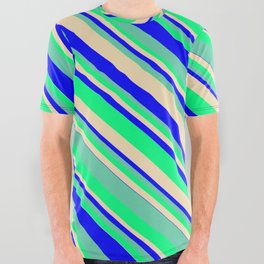 [ Thumbnail: Tan, Blue, Aquamarine & Green Colored Lines Pattern All Over Graphic Tee ]