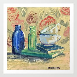 Two by Two, One Green, One Blue Art Print | Painting, Cups, Quiet, Coffeemugs, Bottles, Bright, Floral, Happy, Gold, Pairs 