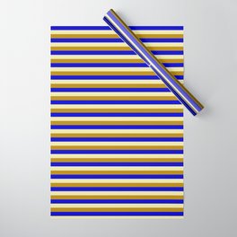 [ Thumbnail: Pale Goldenrod, Dark Goldenrod, and Blue Colored Striped/Lined Pattern Wrapping Paper ]