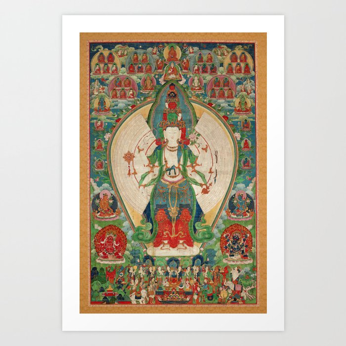 Eleven-Headed, Thousand-Armed, Thousand-Eyed Avalokitesvara Buddhist Thangka Art Art Print
