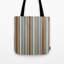 [ Thumbnail: Brown, Powder Blue & Grey Colored Stripes/Lines Pattern Tote Bag ]