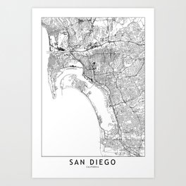 San Diego White Map Art Print