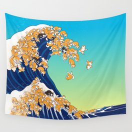 Shiba Inu in Great Wave Wall Tapestry