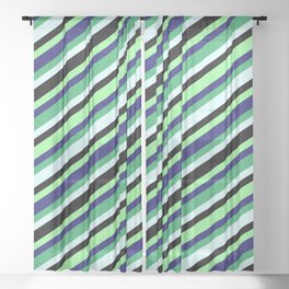 [ Thumbnail: Eyecatching Sea Green, Light Cyan, Black, Green, and Midnight Blue Colored Striped/Lined Pattern Sheer Curtain ]