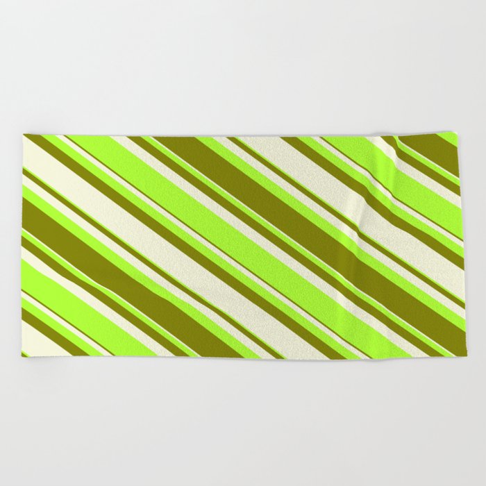 Beige, Light Green & Green Colored Striped/Lined Pattern Beach Towel