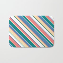 [ Thumbnail: Light Coral, Tan, Teal, White & Blue Colored Striped/Lined Pattern Bath Mat ]