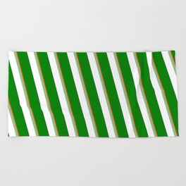 [ Thumbnail: Red, Dark Sea Green, White, and Green Colored Stripes/Lines Pattern Beach Towel ]