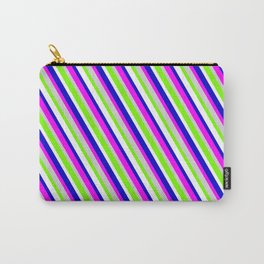 [ Thumbnail: Eyecatching Blue, Fuchsia, Light Gray, Green, and White Colored Lined Pattern Carry-All Pouch ]