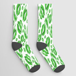 Two Kisses Collided Spring Green Lips Pattern On White Background Socks
