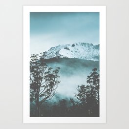 Dramatic dark blue mountain with snow and fog Art Print | Peak, Tourism, Hill, Snow, Toned, Conditions, Scenic, Photo, Dramatic, Top 