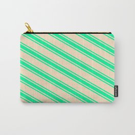 [ Thumbnail: Bisque & Green Colored Lines Pattern Carry-All Pouch ]